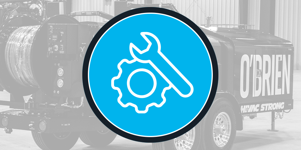 O'Brien Sewer Jetters trailer with hose reel and gauges, service wrench-and-gear icon overlay.